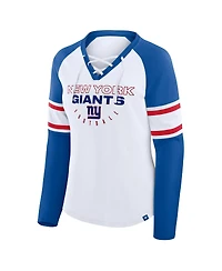 Fanatics Women's White/Royal New York Giants Redzone Blitz Package Raglan Lace-Up V-Neck Long Sleeve T-Shirt