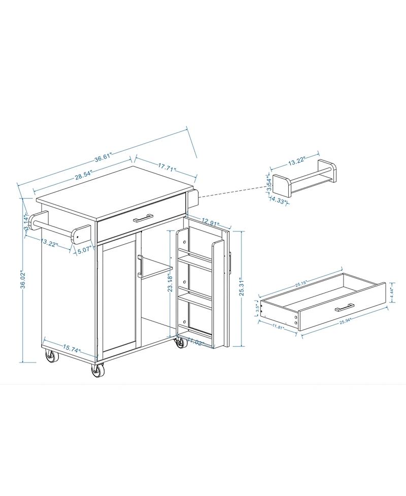 Casainc Rolling Kitchen Island Cart with Drawer, Cabinet, Rack and Rubber Wood Top