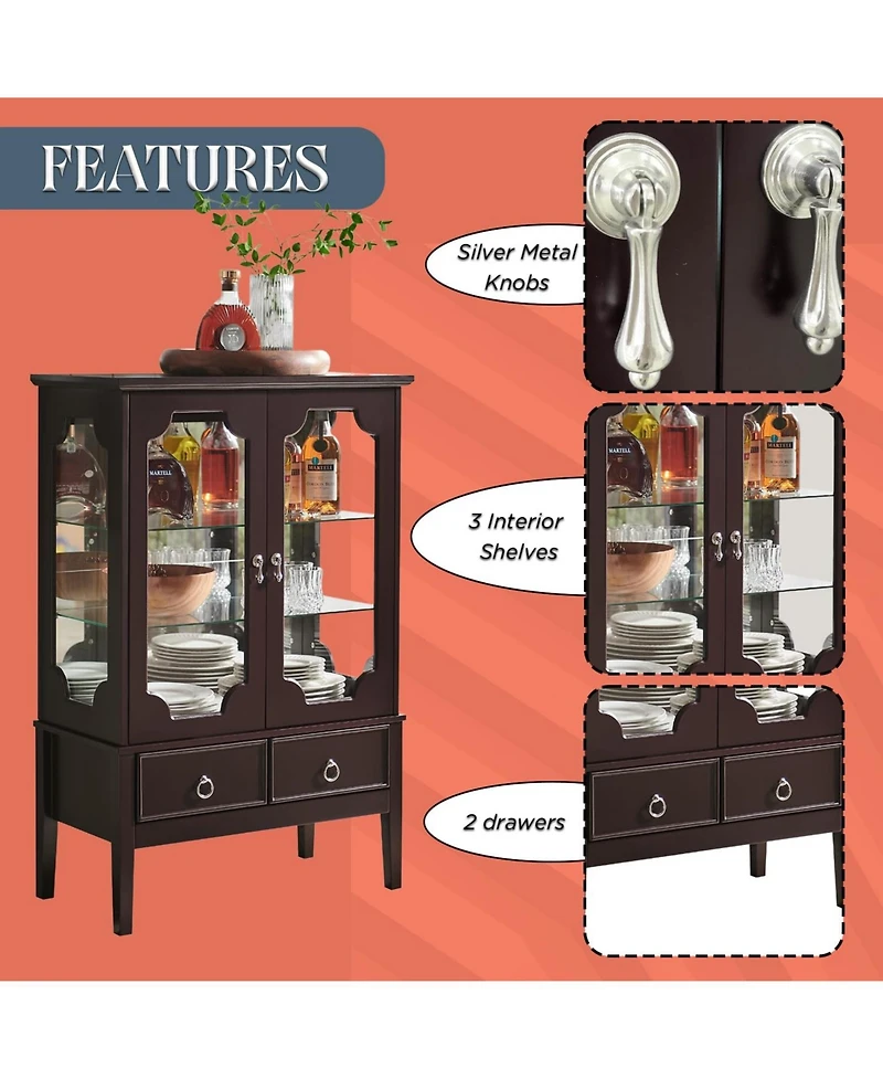 Kings Brand Furniture Curio Accent Storage Cabinet with Doors, Glass Shelves & Drawers