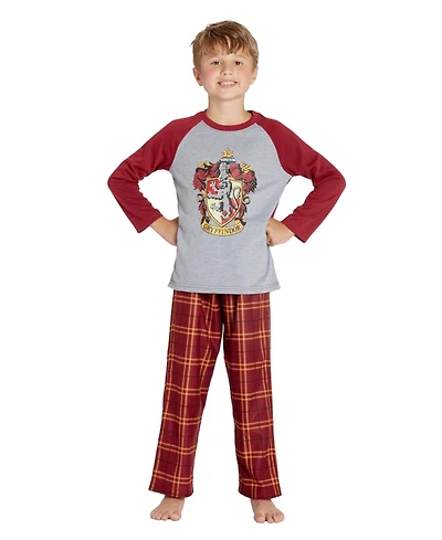 Harry Potter Boys Plaid Hogwarts Houses Crest Raglan 2PC Pajama Set - Gryffindor Hufflepuff Slytherin Ravenclaw