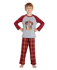 Harry Potter Boys Plaid Hogwarts Houses Crest Raglan 2PC Pajama Set - Gryffindor Hufflepuff Slytherin Ravenclaw