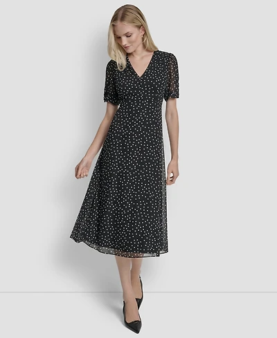 Dkny Women's Polka-dot V-neck Button-trim Midi Dress