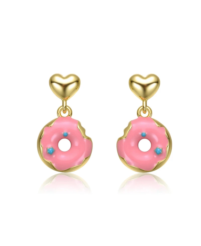 14K Gold Plated with Heart and Pink Donut Charm Earrings