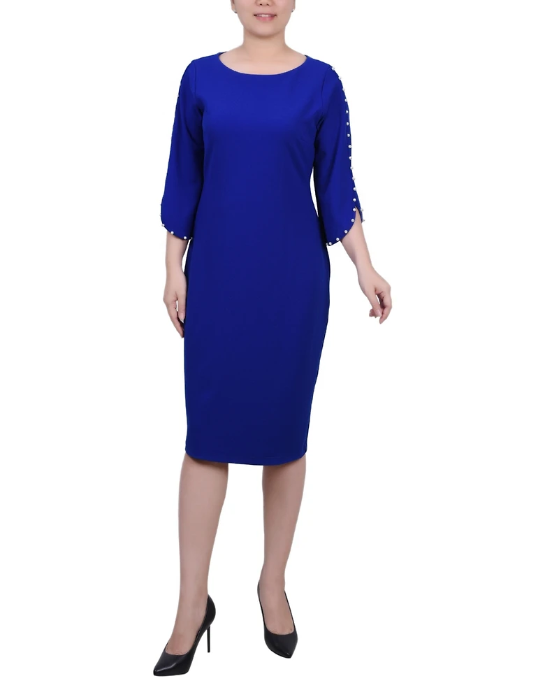 Ny Collection Petite 3/4 Sleeve Pearl Detail Dress