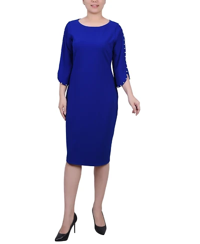 Ny Collection Petite 3/4 Sleeve Pearl Detail Dress