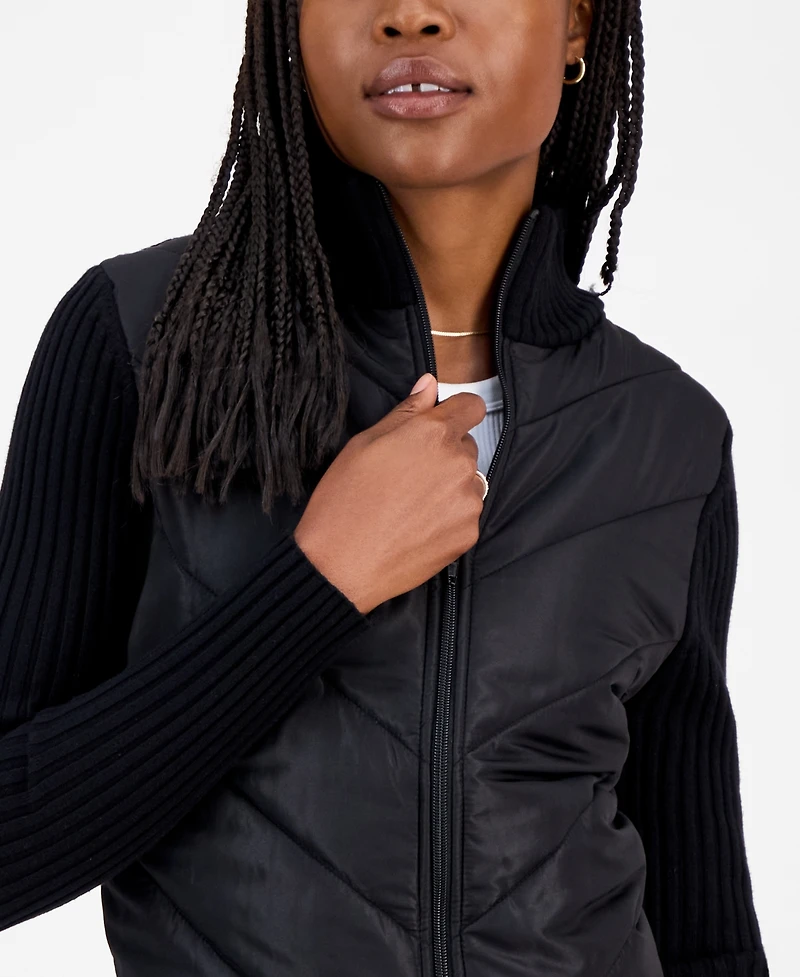 Madden Girl Juniors' Quilted-Front Full-Zip Cardigan