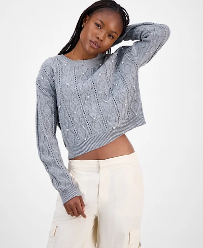 Madden Girl Juniors' Cable-Knit Faux-Pearl Crewneck Sweater