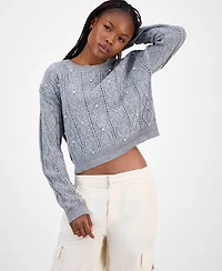 Madden Girl Juniors' Cable-Knit Faux-Pearl Crewneck Sweater