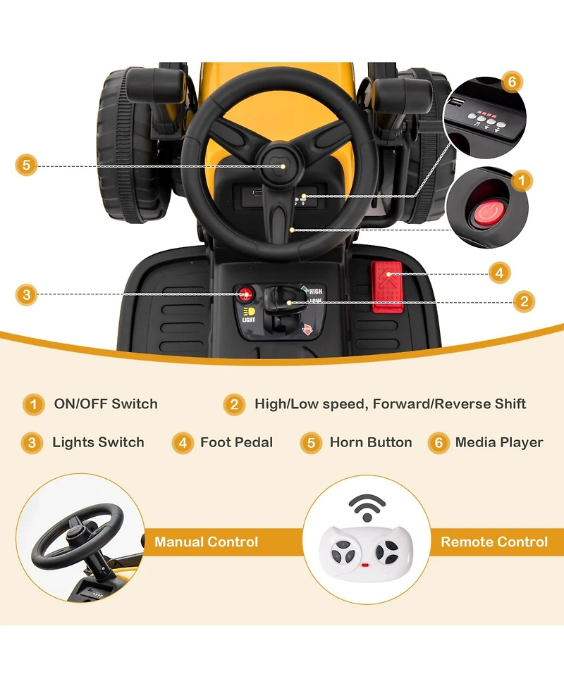 Akiudex 12V Kids Ride-On Excavator with Remote Control and Adjustable Arm