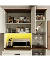Vanirror Antique White 71" Farmhouse Pantry Hutch Cabinet, Barn Door Kitchen Storage with Led Lights & Adjustable Shelves, Freestanding Sideboard with