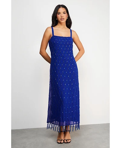 Warehouse Hand Embellished Fringe Hem Midi Dress