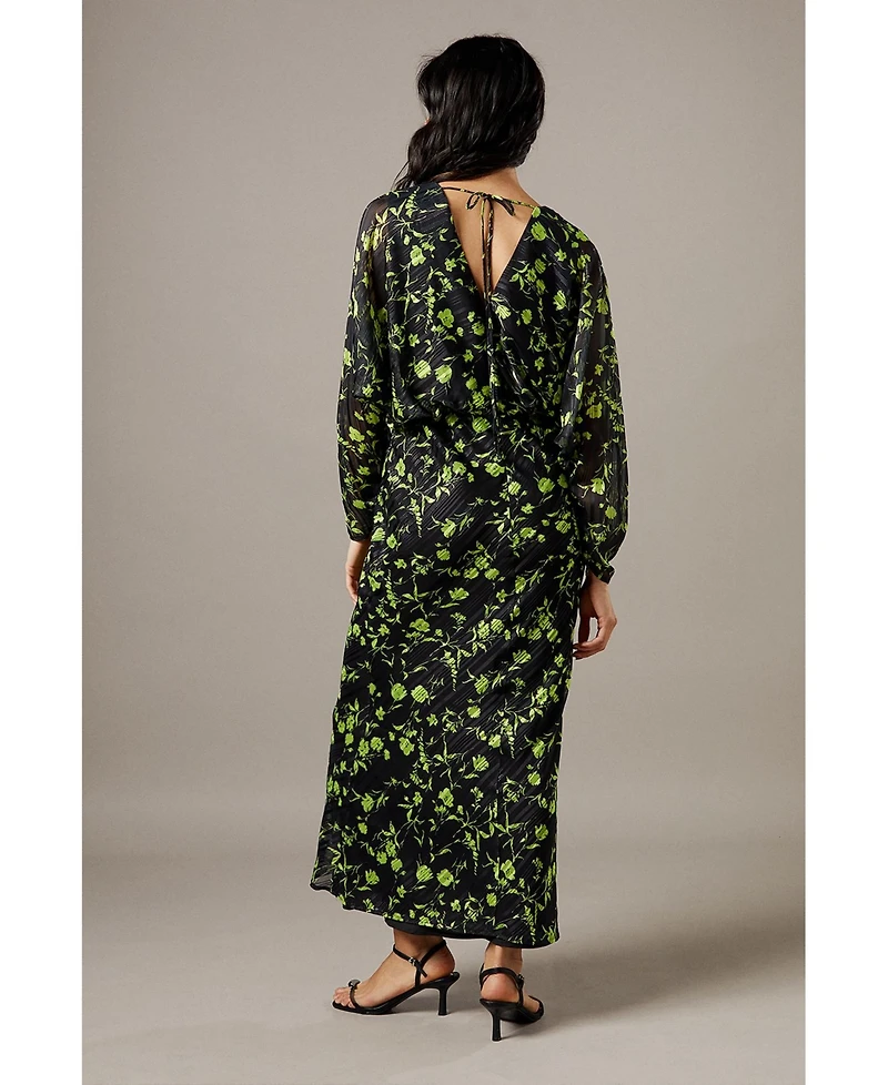 Warehouse Women's Shadow Stripe Floral Batwing Midi Dress