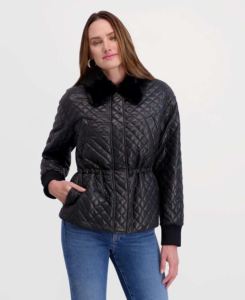 Kensie Women's Cinched Waist Quilted Jacket with Faux Fur Collar