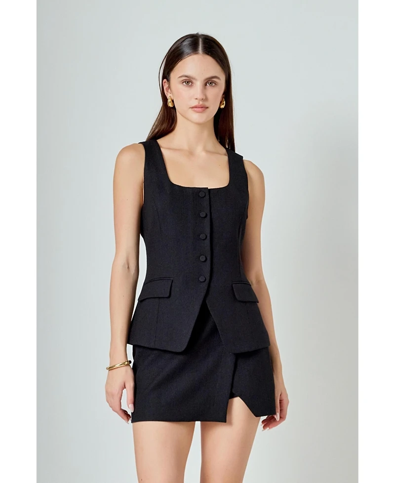 endless rose Women's Tweed Buttoned Scoop Neck Vest