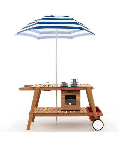 Akiudex Kids Wooden Kitchen Cart Playset with Umbrella, Sink, Stove and Storage