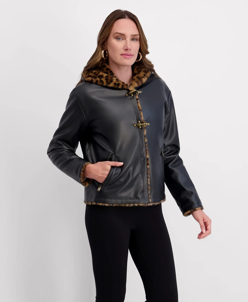 Kensie Women's Faux Fur Lined, Fireman Toggled Pu Jacket