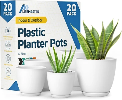 White Plant Pots with Drainage Holes & Saucers 20 Packs, Indoor & Outdoor Stackable Plastic Planters in Multiple Sizes for Houseplants & Flowers, Dura