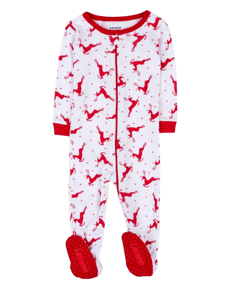 Leveret Kids Footed Cotton Pajamas, Reindeer Print, Matching Family Christmas Pajamas