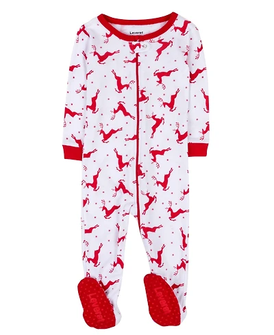 Leveret Kids Footed Cotton Pajamas, Reindeer Print, Matching Family Christmas Pajamas