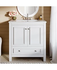 Tribesigns 30" Modern Bathroom Vanity with Sink, Bathroom Sink Cabinet with 2 Doors and 1 Drawer, Solid Wooden Frame, White