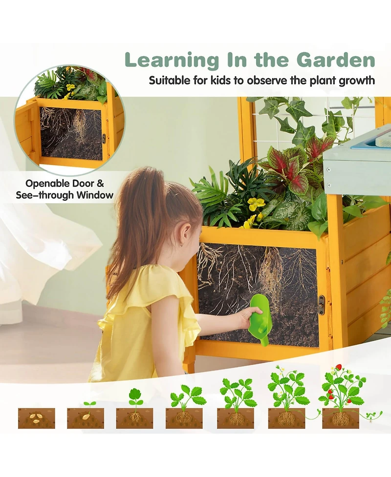 Gymax Wooden Potting Bench for Kids w/ See-Through Window Planter Box Garden Trellis