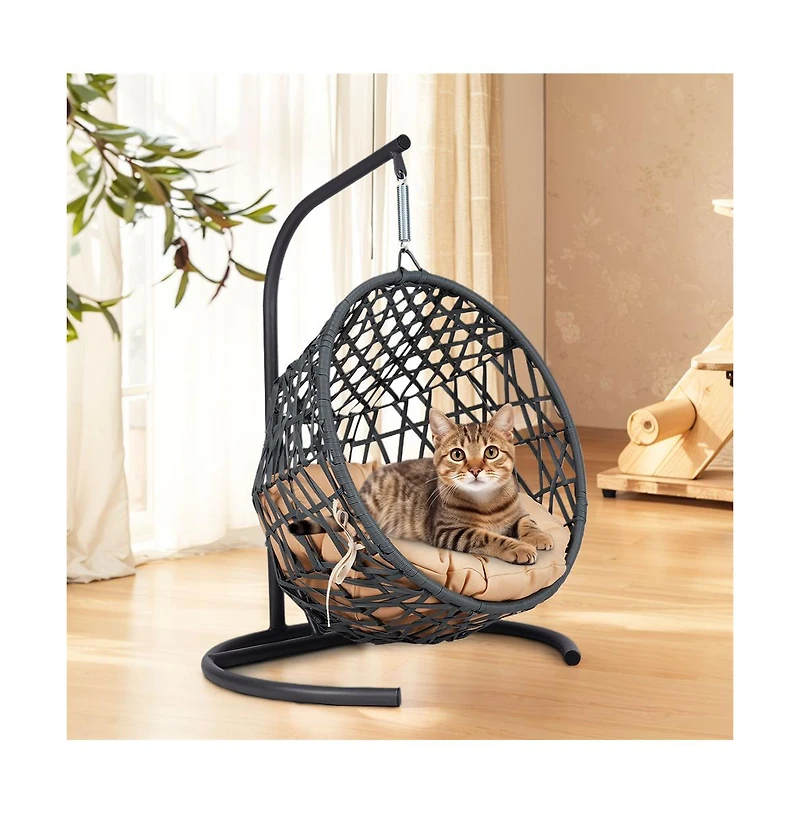 Zeus & Ruta Rattan Cat Egg Chair with Stand and Cushion in Yellow