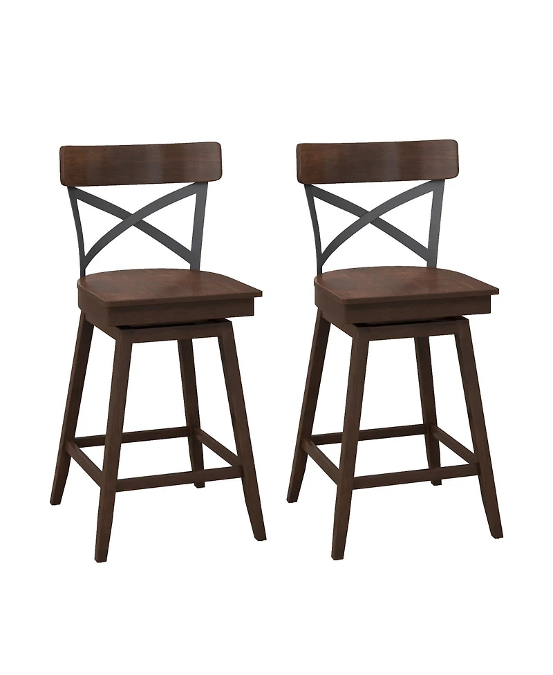 Set of 2 Wooden Swivel Bar Stools with Open X Back and Footrest