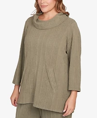 Hearts Of Palm Plus Solid Texture Hatchi Cowl Neck Tunic Top