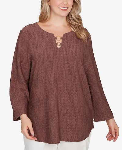 Hearts Of Palm Plus Novelty Crinkle 3/4 Sleeve Top