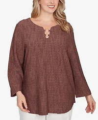 Hearts Of Palm Plus Novelty Crinkle 3/4 Sleeve Top