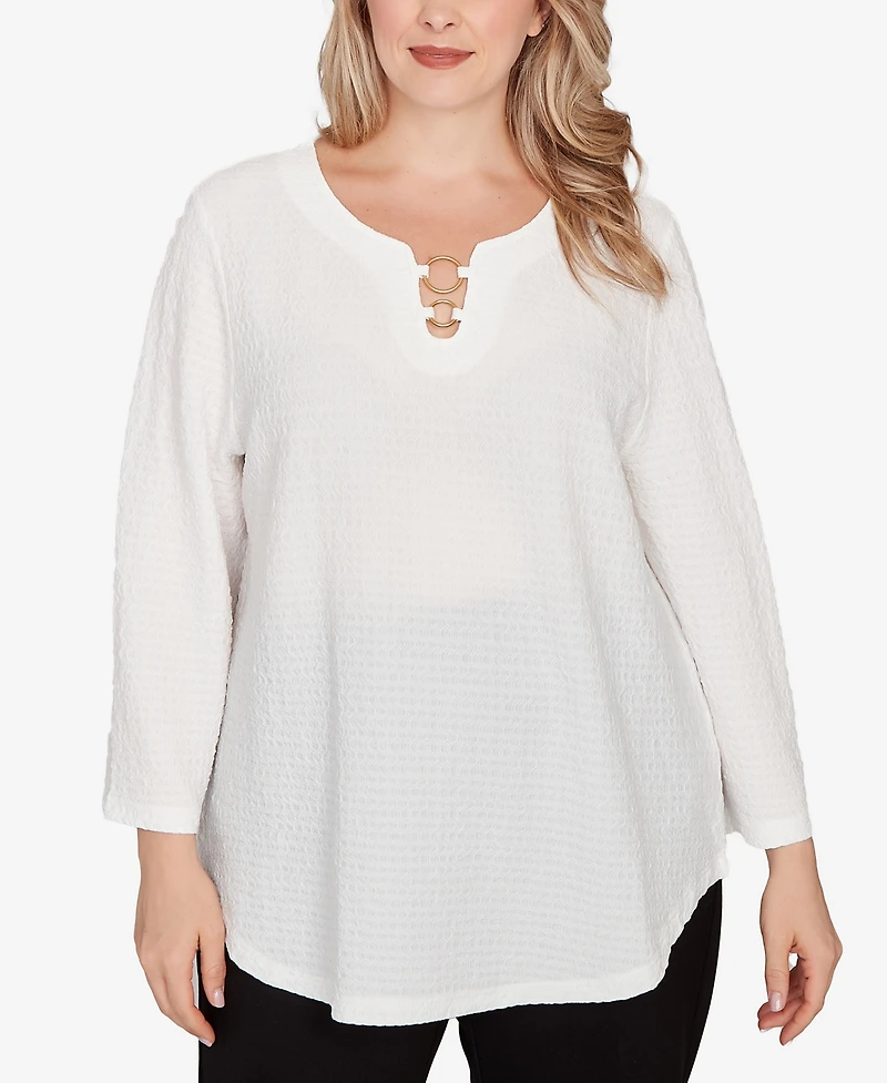 Hearts Of Palm Plus Size Novelty Crinkle 3/4 Sleeve Top