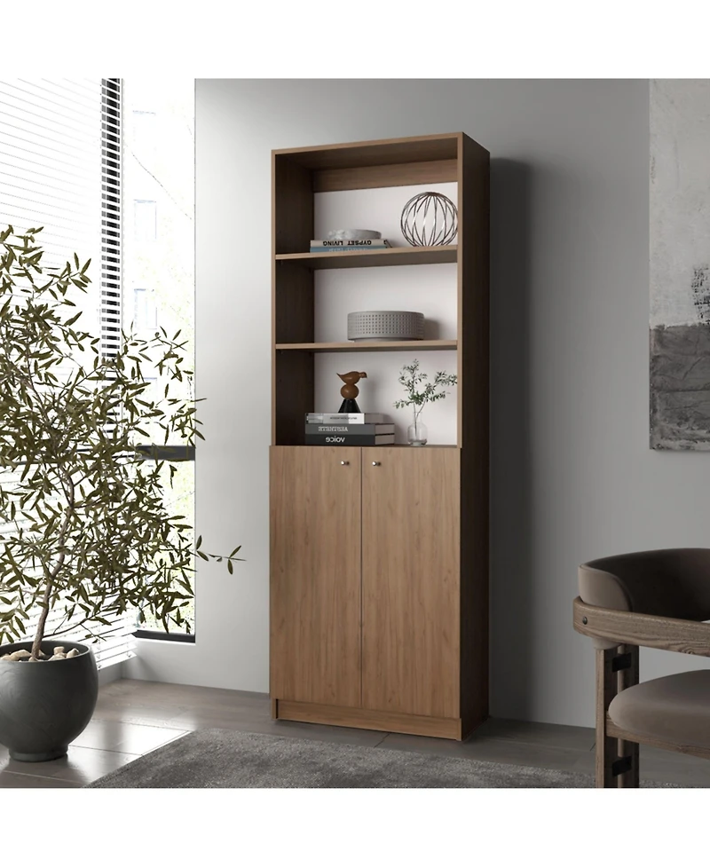 Beyerville Bookcase with Open Storage and 2 Doors, Natural Oak and White