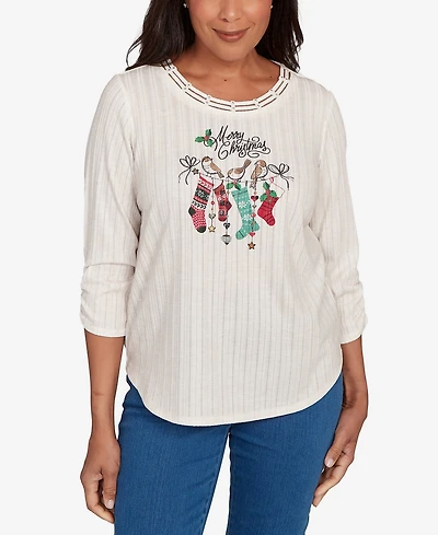 Alfred Dunner Petite Classic Holiday Stockings Gathered Sleeve Top