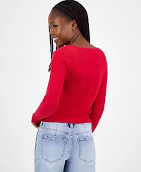 Madden Girl Juniors' Square-Neck Ribbed Long-Sleeve Picot Bow Top