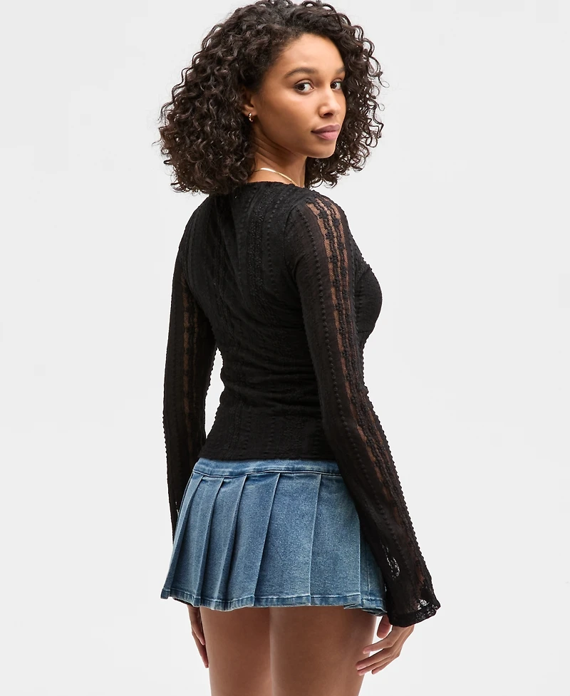 Ultra Flirt Juniors' Lace V-Neck Bell-Sleeve Top