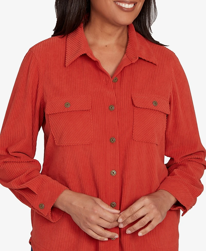 Alfred Dunner Petite Sunset Canyon Plush Ribbed Oversized Button Front Top