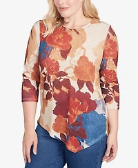 Alfred Dunner Petite Sunset Canyon Dramatic Abstract Floral Asymmetrical Top