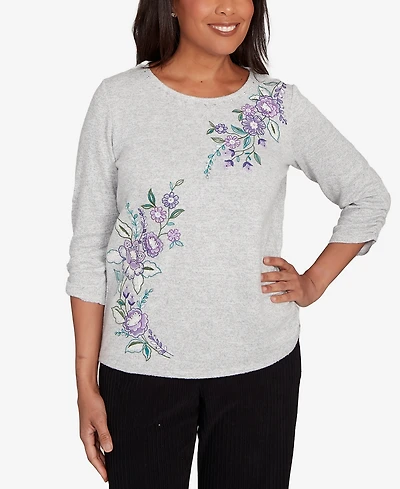 Alfred Dunner Petite Lake Champlain Embroidered Flowers with Side Tie Ruching Top