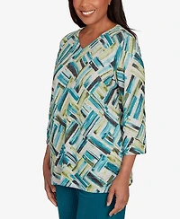 Alfred Dunner Petite Lake Champlain Detailed V Neck Brushstroke Top