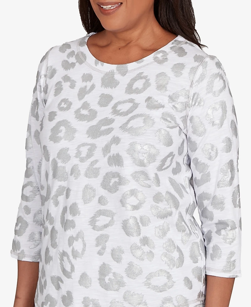 Alfred Dunner Petite Casual Vibe Monotone Crew Neck Animal Top