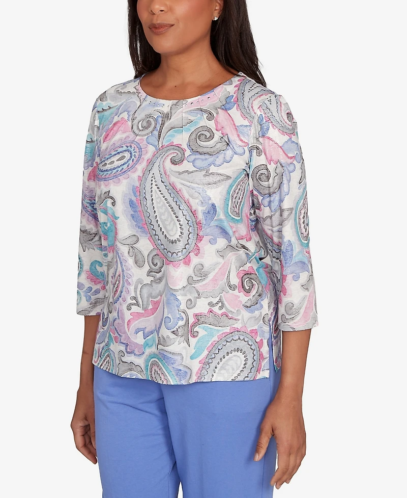 Alfred Dunner Petite Casual Vibe Pleated Paisley Crew Neck Top