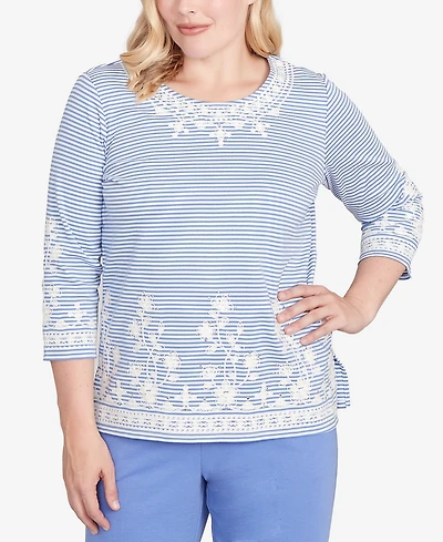 Alfred Dunner Petite Casual Vibe Embellished Striped Crew Neck Top