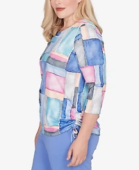 Alfred Dunner Petite Casual Vibe Tie Side Ruched Colorblock Top