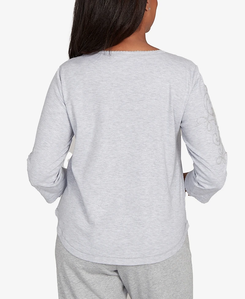 Alfred Dunner Petite Casual Vibe Asymmetrical Floral Embroidered Detail Top