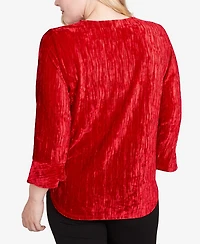 Alfred Dunner Petite Jet Setter Crushed Velvet Henley Tie Sleeve Top