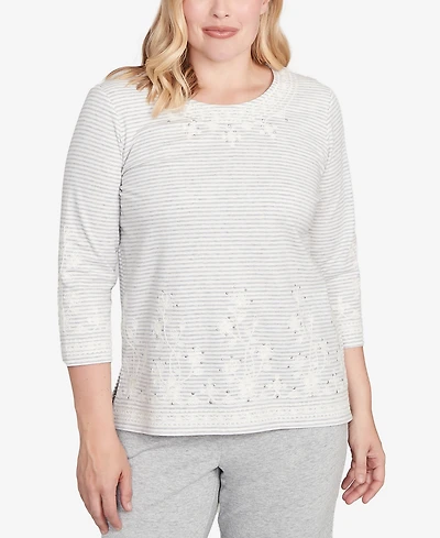 Alfred Dunner Petite Casual Vibe Embellished Striped Crew Neck Top