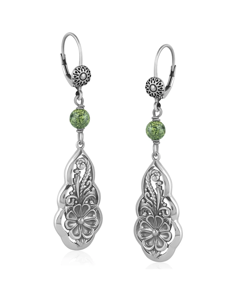 American West Jewelry Sterling Silver Serpentine Flower Gemstone Bead Lever Back Earrings
