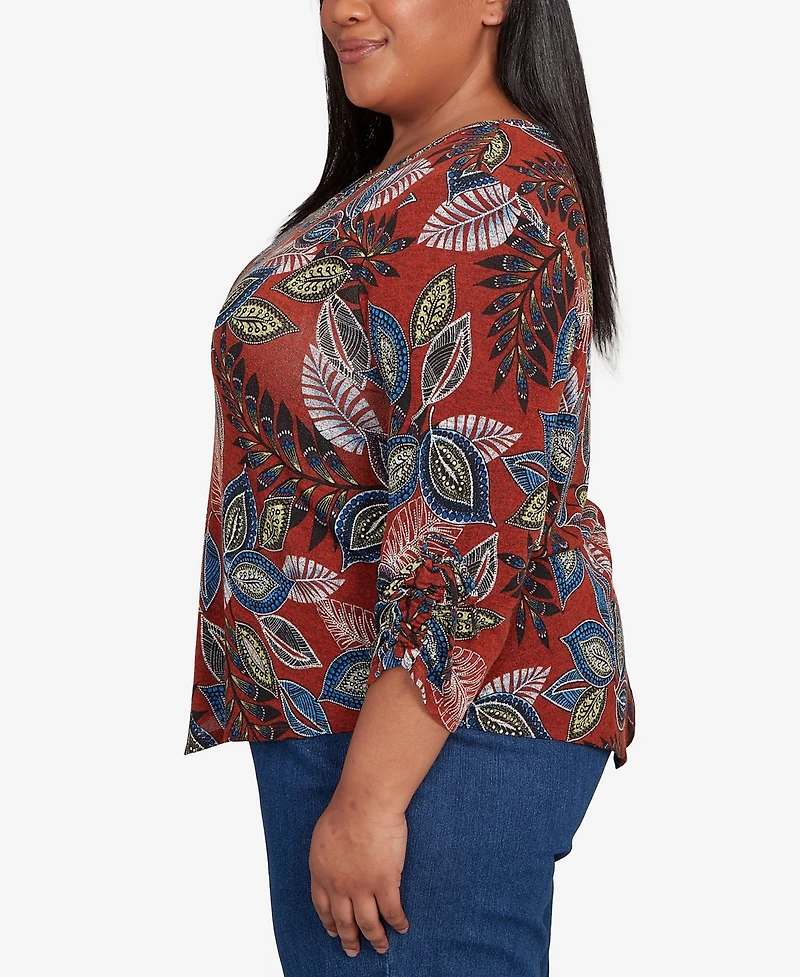 Alfred Dunner Plus Sunset Canyon Batik Leaves Melange Asymmetrical Top