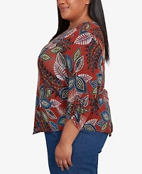 Alfred Dunner Plus Sunset Canyon Batik Leaves Melange Asymmetrical Top