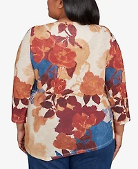 Alfred Dunner Plus Size Sunset Canyon Dramatic Abstract Floral Asymmetrical Top